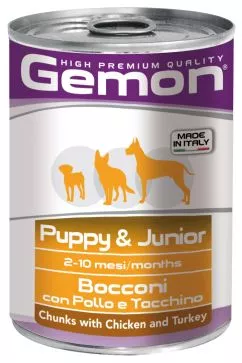 Вологий корм GEMON Dog Wet Puppy & Junior шматочки з куркою и індичкою 0,415кг (70387866)
