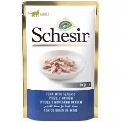 Влажный корм Schesir ТУНЕЦ С ОКУНЕМ (Tuna Seabass) в желе консервы для кошек, пауч 0,085 кг (171054)