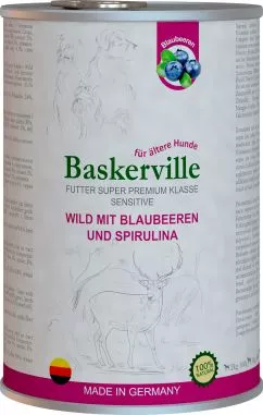 Влажный корм для собак Baskerville Sensitive Wild Mit Blaubeeren und Spirulina оленица с черникой и спирулиной 800 г (4250231541896)
