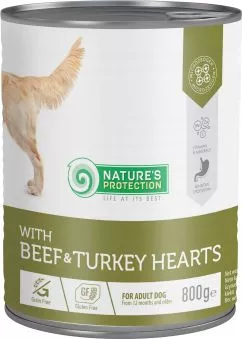 Вологий корм для дорослих собак Nature's Protection with Beef & Turkey Hearts з яловичиною та серцем індички 800 г (KIK45604) (4771317456045)