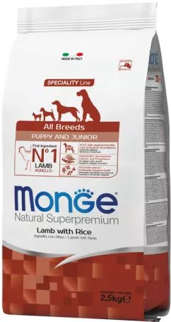 Сухий корм для цуценят всіх порід Monge Dog All breeds Puppy&Junior lamb&Rice зі смаком ягняти та рису 2.5 кг (8009470011181)