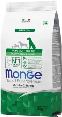 Сухий корм для цуценят великих та дуже великих порід Monge Dog Maxi Puppy&Junior зі смаком курки та рису 3 кг (8009470004350)