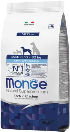 Сухий корм для цуценят середніх порід Monge Dog Medium Puppy&Junior зі смаком курки та рису 3 кг (8009470004220)