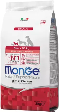 Сухой корм для щенков маленьких пород Monge Dog Mini Puppy&Junior со вкусом курицы и риса 3 кг (8009470004015)