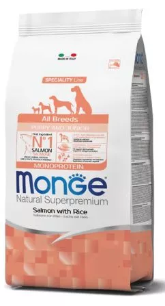 Сухий корм для цуценят всіх порід Monge Dog All breeds Puppy&Junior Salmon&Rice зі смаком риби та рису 800 г (8009470011266)