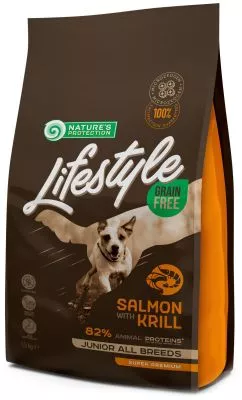 Сухий беззерновий корм для юніорів Nature's Protection Lifestyle Grain Free Salmon with Krill Junior All Breeds з лососем і крилем 1.5 кг (NPLS45686) (477131...