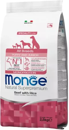 Сухой корм для всех пород собак Monge Dog Puppy & Junior говядина с рисом 2.5 кг (8009470011372)