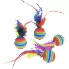 Іграшка Flamingo RAINBOW BALLS веселка пір'їни на м'ячі для котів, спонж , 3 см, 4 ед.