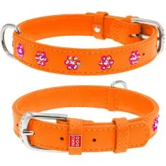 Ошейник для собак кожаный Collar WAUDOG Glamour с QR паспортом, с клеевыми стразами "Цветочек", Ш 20 мм, Дл 30-39 см оранжевый (32024)
