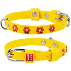 Ошейник для собак кожаный Collar WAUDOG Glamour с QR паспортом, с клеевыми стразами "Цветочек", Ш 9 мм, Дл 18-21 см желтый (32518)