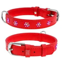 Ошейник для собак кожаный Collar WAUDOG Glamour с QR паспортом, с клеевыми стразами "Цветочек", Ш 20 мм, Дл 30-39 см красный (32023)