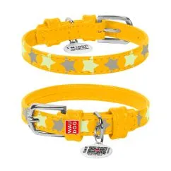 Ошейник для собак кожаный Collar WAUDOG Glamour с QR паспортом, узор "Звёздочка", светящийся/светоотражающий, Ш 12 мм, Дл 19-25 см желтый (35838)