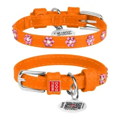 Ошейник для собак кожаный Collar WAUDOG Glamour с QR паспортом, с клеевыми стразами "Цветочек", Ш 12 мм, Дл 21-29 см оранжевый (32694)