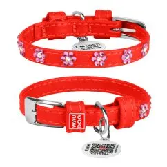 Ошейник для собак кожаный Collar WAUDOG Glamour с QR паспортом, с клеевыми стразами "Цветочек", Ш 12 мм, Дл 21-29 см красный (32693)