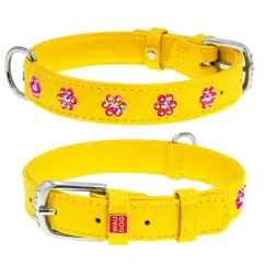 Ошейник для собак кожаный Collar WAUDOG Glamour с QR паспортом, с клеевыми стразами "Цветочек", Ш 20 мм, Дл 30-39 см желтый (32028)
