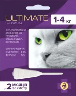 Капли от блох, клещей, вшей и волосоедов ULTIMATE для кошек s-метопрен, фипр до 4 кг, 1 шт. (UL-041)