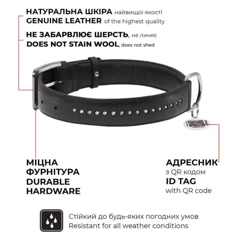 Нашийник для собак шкіряний Collar WAUDOG Glamour з QR паспортом, подвійний зі стразами, Ш 35 мм, Дл 46-60 см фіолетовий (38829) - фото №4