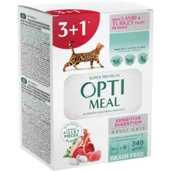 Набір 3+1 вологий беззерновий корм для котів з чутливим травленням Optimeal, 340 г (індичка та ягня) (B2722701)