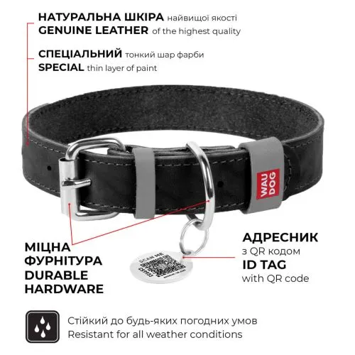 Нашийник для собак шкіряний Collar WAUDOG Classic, Ш 25 мм, Дл 38-49 см чорний (2181) - фото №3