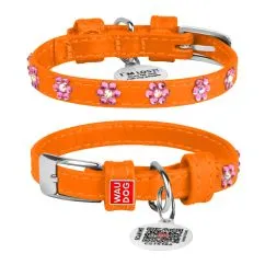 Ошейник для собак кожаный Collar WAUDOG Glamour с QR паспортом, с клеевыми стразами "Цветочек", Ш 9 мм, Дл 18-21 см оранжевый (32514)