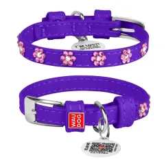 Ошейник для собак кожаный Collar WAUDOG Glamour с QR паспортом, с клеевыми стразами "Цветочек", Ш 12 мм, Дл 21-29 см фиолетовый (32699)